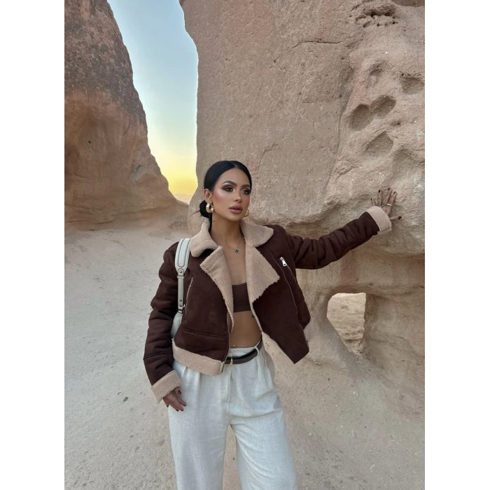 Kahve Süet İçi Kürklü Mont