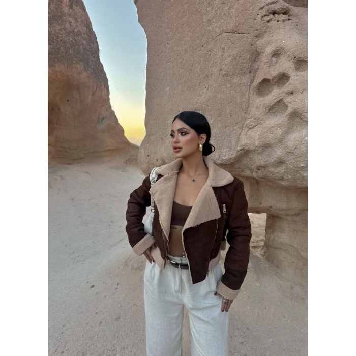 Kahve Süet İçi Kürklü Mont
