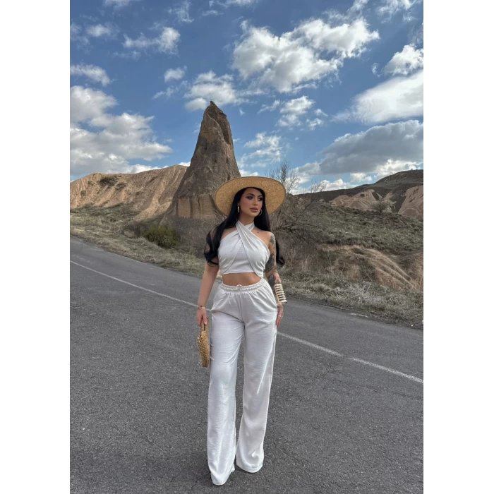 Taş Boyundan Bağlamalı Keten İkili Takım