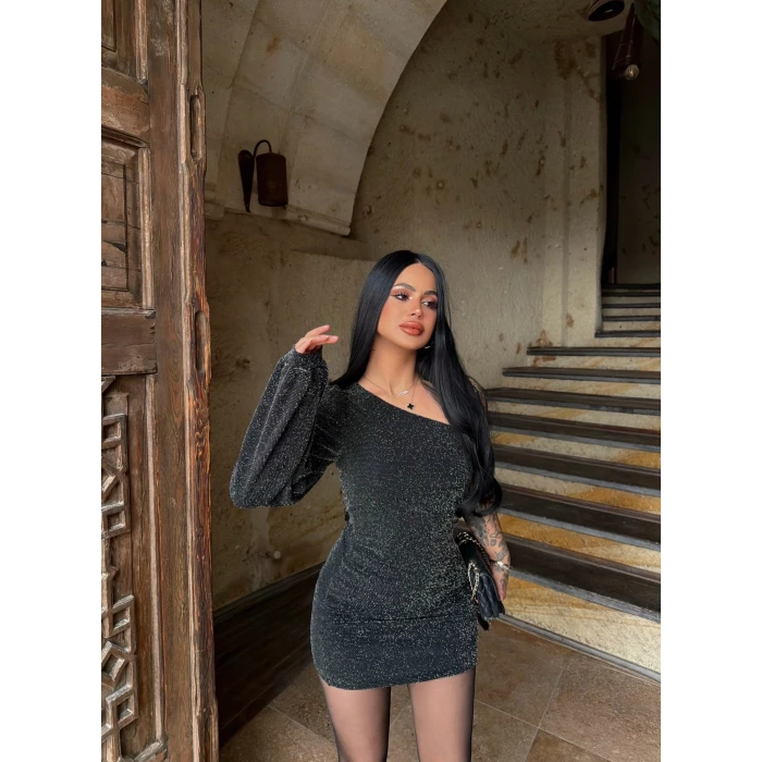 Tek Omuz Simli Elbise