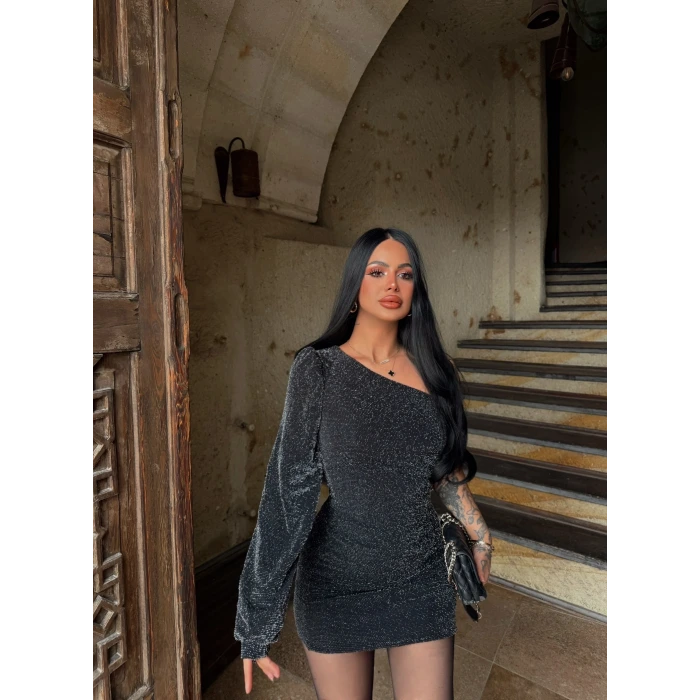 Tek Omuz Simli Elbise