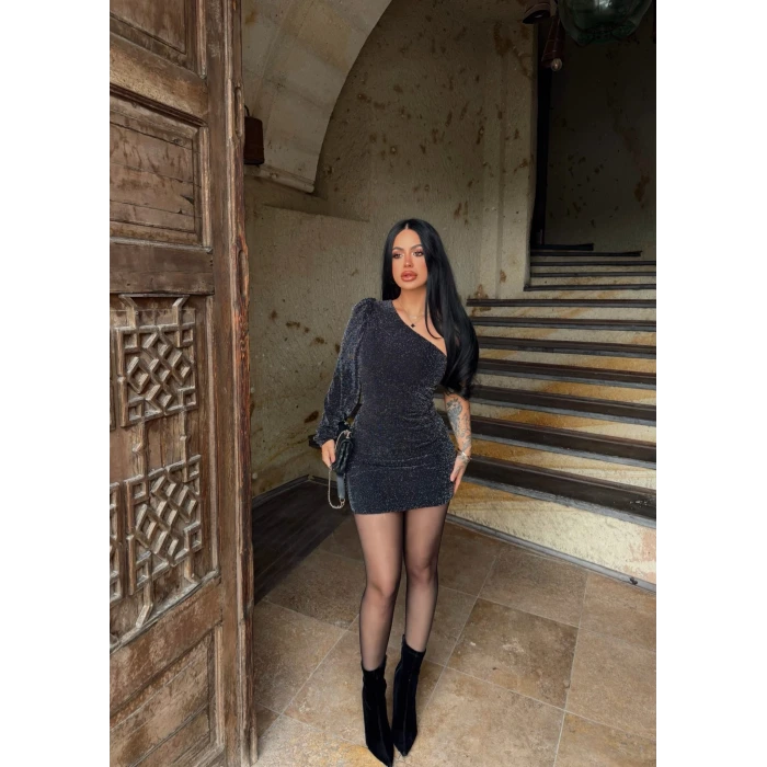 Tek Omuz Simli Elbise