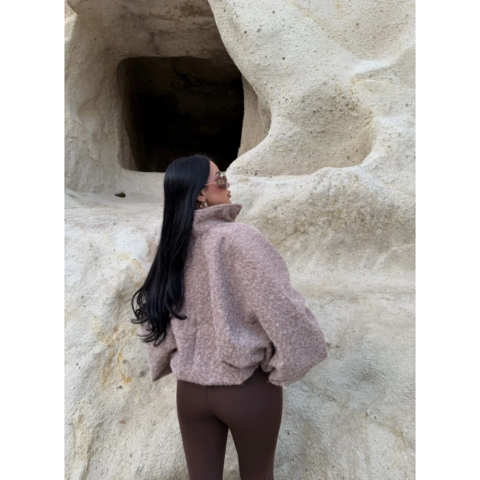 Vizon Bel Lastikli Kaşe Bomber Ceket