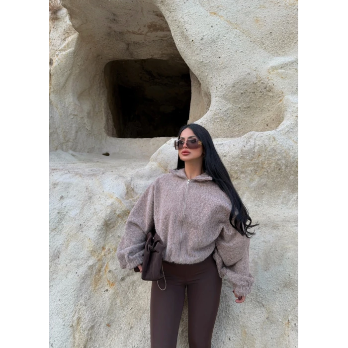 Vizon Bel Lastikli Kaşe Bomber Ceket