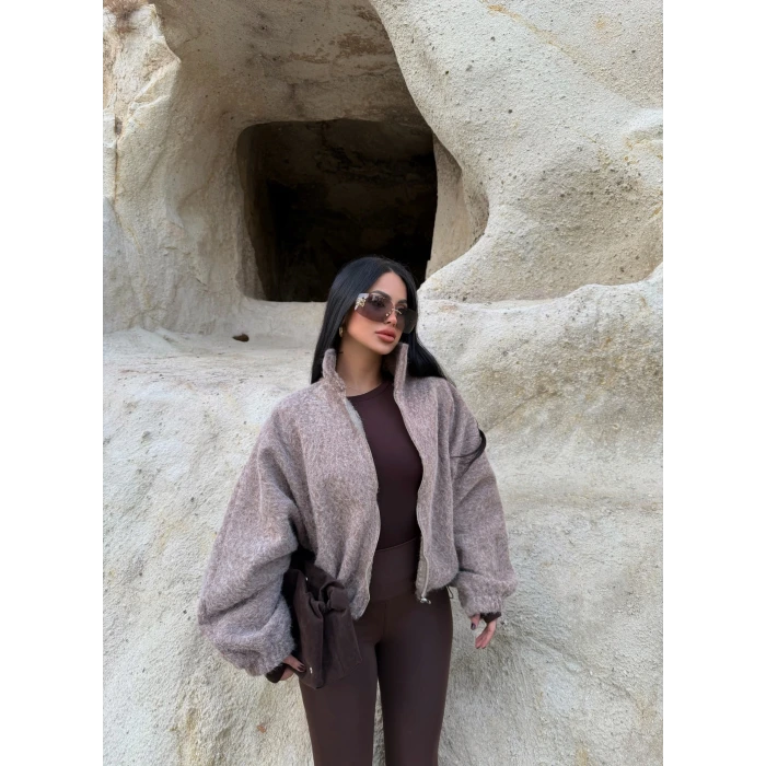 Vizon Bel Lastikli Kaşe Bomber Ceket