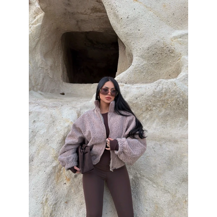 Vizon Bel Lastikli Kaşe Bomber Ceket