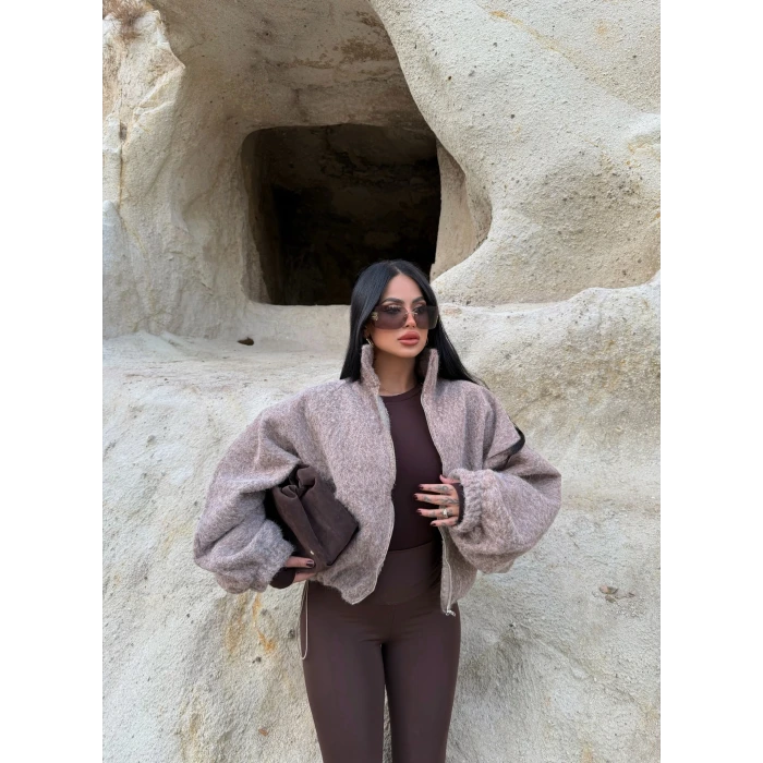 Vizon Bel Lastikli Kaşe Bomber Ceket