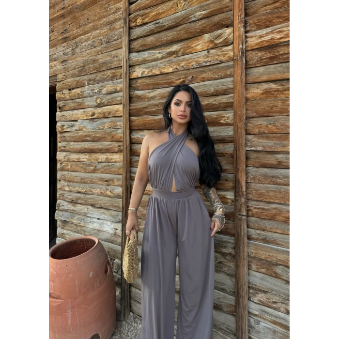 Vizon Yaka Çapraz Bol Paça Tulum