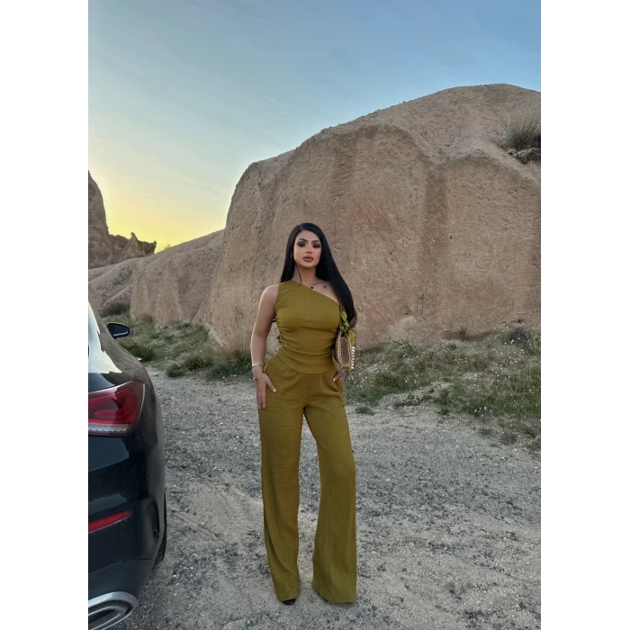 Yağ Yeşili Gofre Tek Omuz İkili Takım