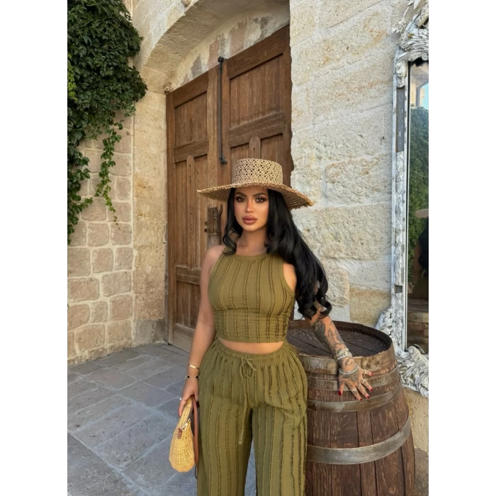 Yağ Yeşili Ters Dikişli İkili Takım
