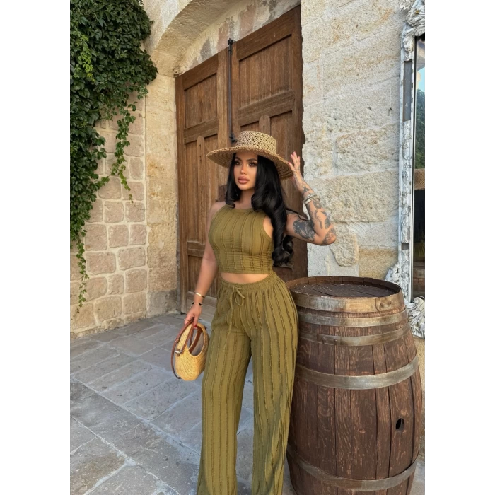 Yağ Yeşili Ters Dikişli İkili Takım