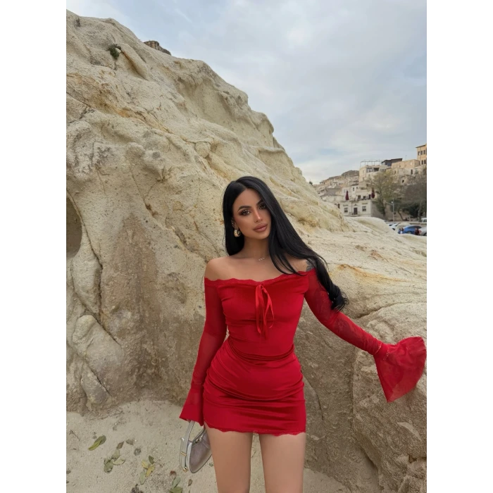 Yaka Bağlamalı Kadife Elbise