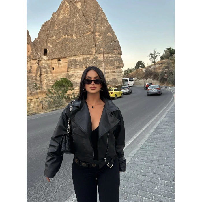 Yan Cepli Biker Deri Ceket
