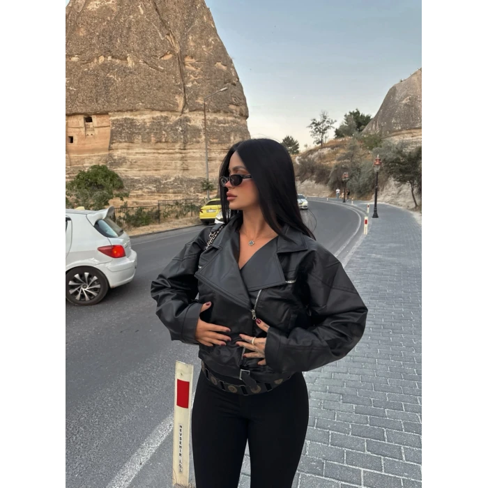 Yan Cepli Biker Deri Ceket