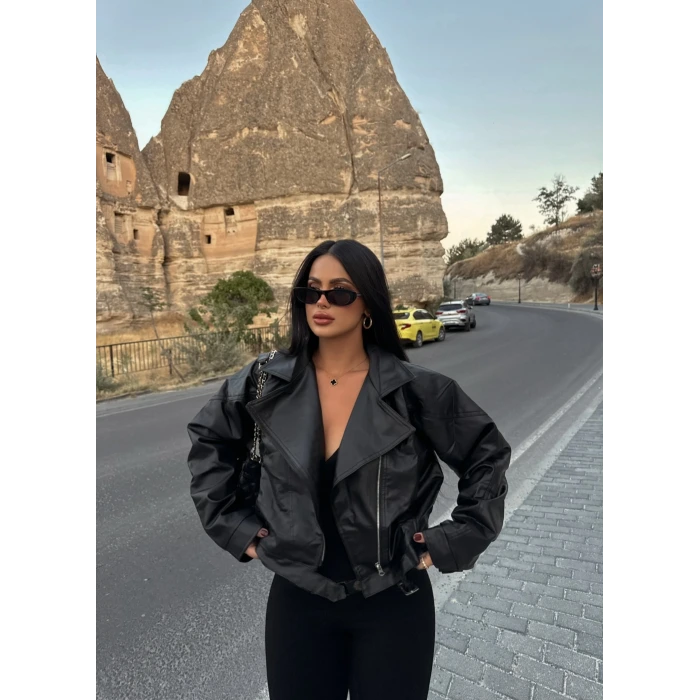 Yan Cepli Biker Deri Ceket