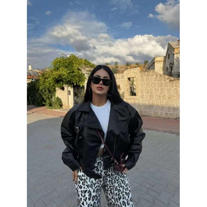 Yan Cepli Biker Deri Ceket