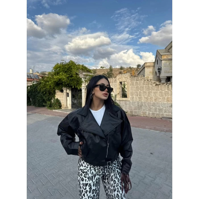 Yan Cepli Biker Deri Ceket