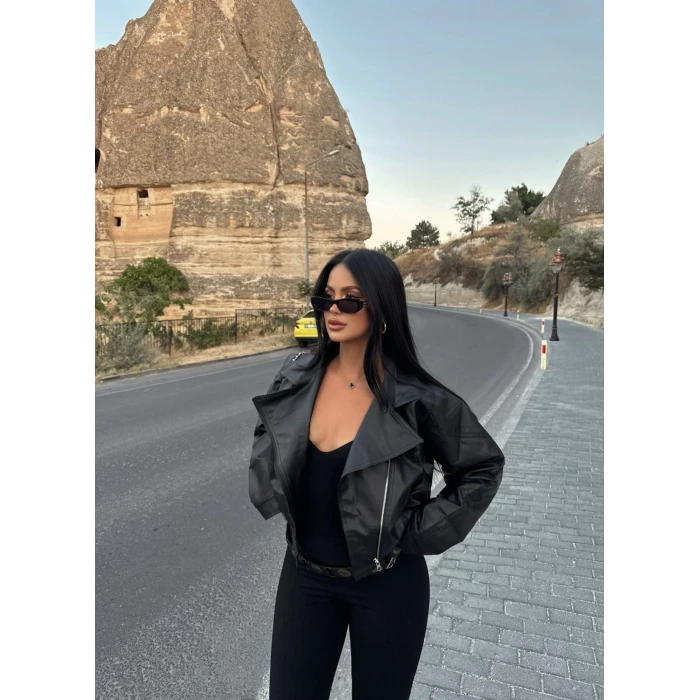 Yan Cepli Biker Deri Ceket