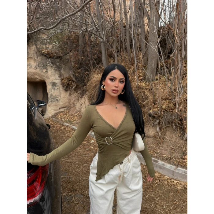 Yeşil Bel Tokalı Kruvaze Crop