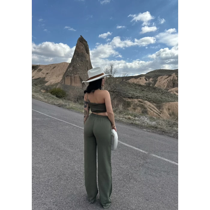 Yeşil Boyundan Bağlamalı Keten İkili Takım