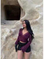 Mor Noir Yaka Güpürlü Bluz