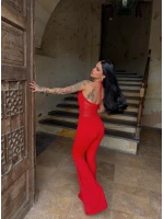Kırmızı Boyundan Geçmeli Bağlamalı Tulum