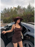 Kahve Tokalı Sırt Çapraz Büzgülü Elbise