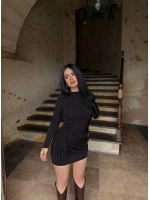 Siyah Büzgülü Kuşak Detay Elbise