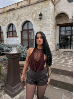 Kahve Sırt Düğmeli Güpürlü Bodysuit