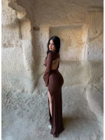 Kahve Kolları Volanlı Maxi Elbise