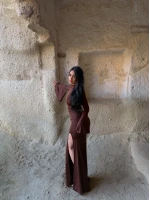 Kahve Kolları Volanlı Maxi Elbise