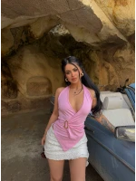 Pembe Tokalı Kruvaze Crop
