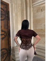 Kahve Güpürlü Korse Tişört