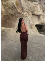Kahve Sırt Açık Long Elbise