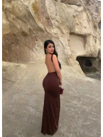 Kahve Sırt Açık Long Elbise