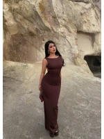 Kahve Sırt Açık Long Elbise