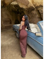 Kahve Yaka Aksesuarlı Maxi Elbise