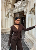 Kahve Çizgili Blazer Üçlü Takım