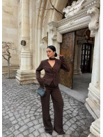 Kahve Çizgili Blazer Üçlü Takım