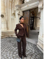 Kahve Çizgili Blazer Üçlü Takım