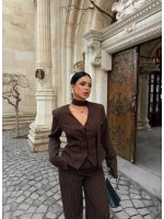 Kahve Çizgili Blazer Üçlü Takım