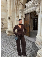 Kahve Çizgili Blazer Üçlü Takım