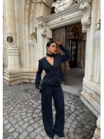 Lacivert Çizgili Blazer Üçlü Takım