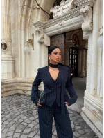 Lacivert Çizgili Blazer Üçlü Takım