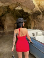 Kırmızı Boyundan Geçmeli Degaje Elbise