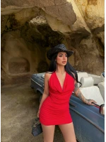 Kırmızı Boyundan Geçmeli Degaje Elbise