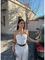Beyaz Büzgülü Straplez Crop