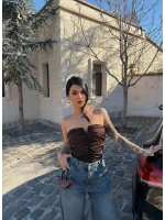 Kahve Büzgülü Straplez Crop