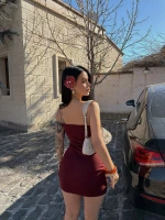 Bordo İp Askılı Basic Elbise