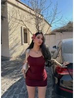 Bordo İp Askılı Basic Elbise